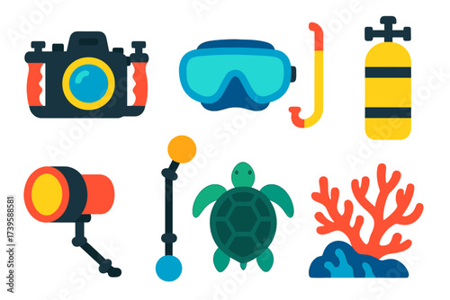 Underwater Photography Icons. Flat vector icons of underwater photography: underwater housing, diving mask, snorkel, scuba tank,
