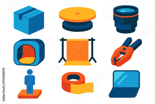 Product Photography Icons. Flat vector icons of product photography: product box, turntable platform, macro lens, light tent,