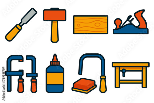 Woodworking Tools Icons. Flat vector icons of woodworking projects: chisel, mallet, wood plank, hand plane, clamps, wood glue,