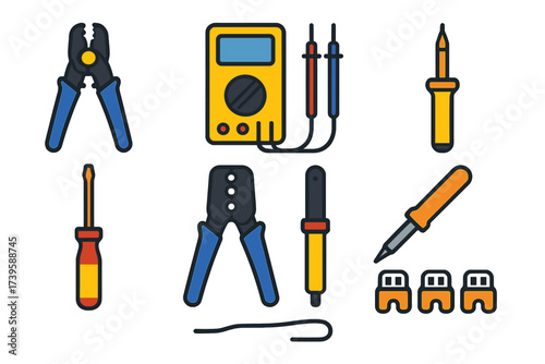 Electrical Tools Icons. Flat vector icons of electrical repair tools: wire stripper, multimeter, voltage tester, insulated