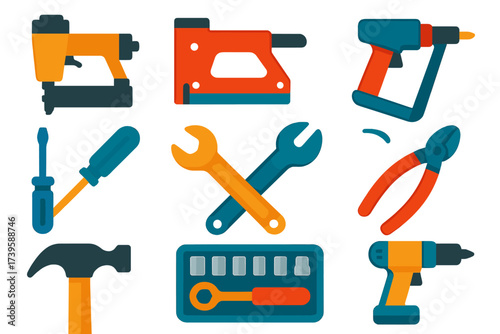 Fastening Tools Icons. Flat vector icons of fastening tools: nail gun, staple gun, rivet gun, screwdriver, wrench, pliers, hammer,
