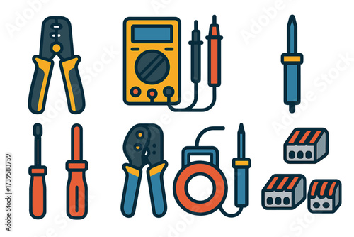 Electrical Tools Icons. Flat vector icons of electrical repair tools: wire stripper, multimeter, voltage tester, insulated