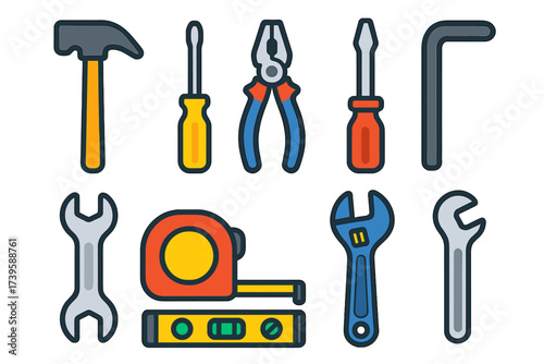 Vibrant Tool Icons. Flat vector icons of general hand tools: hammer, screwdriver, pliers, wrench, tape measure, spirit level,