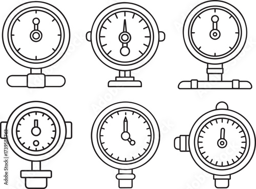pressure gauge set outline vector illustration line art