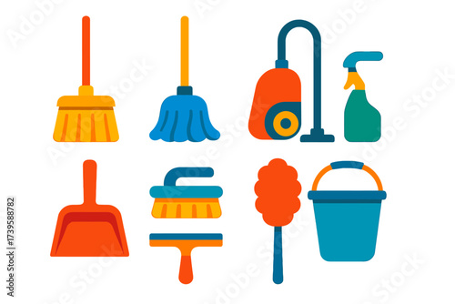 Bright Cleaning Icons. Flat vector icons of cleaning tools: broom, mop, vacuum cleaner, dustpan, scrub brush, spray bottle,