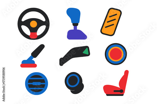 Car Interior Icons. Flat vector icons of car interior controls: steering wheel, gear lever, accelerator pedal, brake pedal,