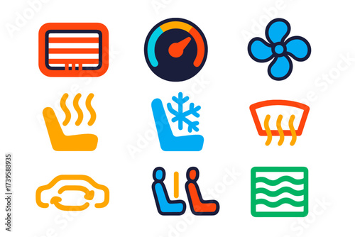 Car Control Icons. Flat vector icons of car climate control: AC vent, temperature dial, fan speed, heated seat icon, cooled seat