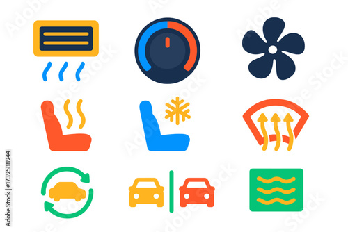 Car Control Icons. Flat vector icons of car climate control: AC vent, temperature dial, fan speed, heated seat icon, cooled seat