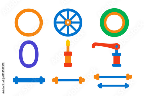 Bicycle Parts Icons. Flat vector icons of wheel parts: rim, spokes, hub, tire, tube, valve, quick release, axle, skewers No text.