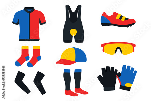 Cycling Apparel Icons. Flat vector icons of cycling apparel: jersey, bib shorts, cycling shoes, socks, cap, sunglasses, arm