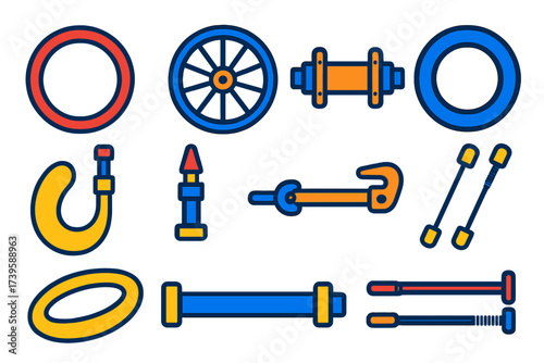 Bicycle Parts Icons. Flat vector icons of wheel parts: rim, spokes, hub, tire, tube, valve, quick release, axle, skewers No text.