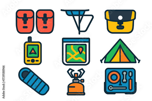Bike Touring Icons. Flat vector icons of bike touring: panniers, touring rack, handlebar bag, GPS device, map case, tent, sleeping