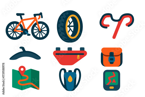 Gravel Cycling Icons. Flat vector icons of gravel cycling: gravel bike, wide tires, drop bars, mudguard, frame bag, pack, trail