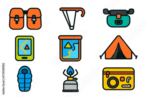Bike Touring Icons. Flat vector icons of bike touring: panniers, touring rack, handlebar bag, GPS device, map case, tent, sleeping