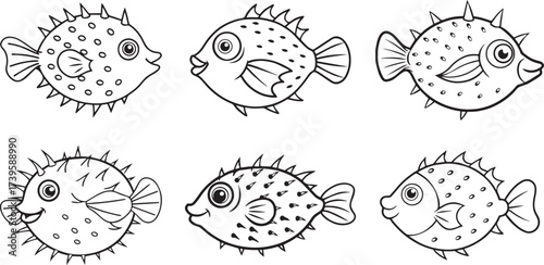 Set of pufferfish outline vector illustration line art
