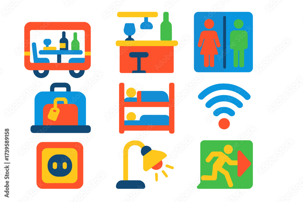 Obraz premium Modern Onboard Service Icons. Flat vector icons of onboard services: dining car, bar counter, restrooms, baggage compartment,
