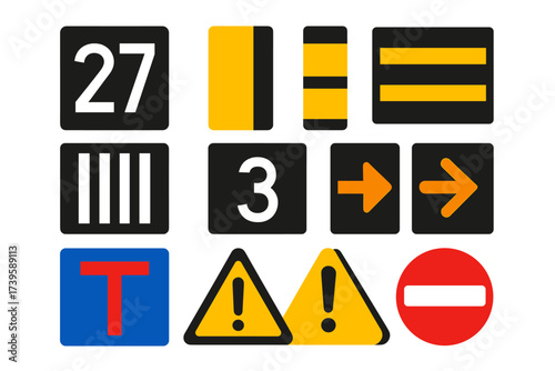 Colorful Runway Icons. Flat vector icons of runway signage: runway marker, taxiway sign, hold short line, runway threshold,