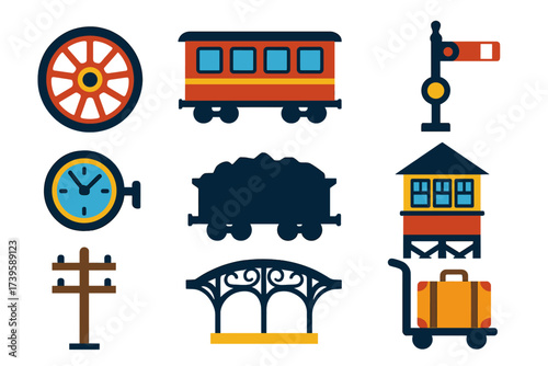Historic Railway Icons. Flat vector icons of historic railways: steam engine wheel, vintage coach, railway semaphore, station