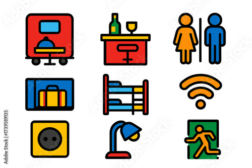Modern Onboard Service Icons. Flat vector icons of onboard services: dining car, bar counter, restrooms, baggage compartment,