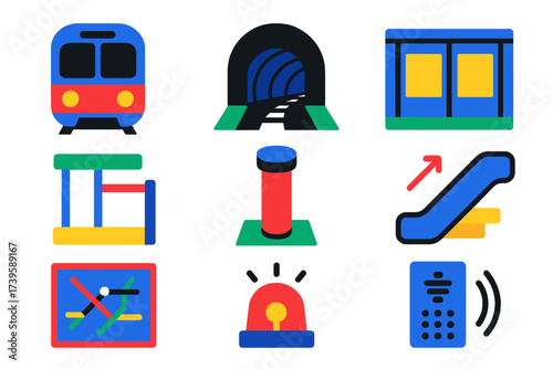 Metro Components Icons. Flat vector icons of metro components: subway train, tunnel entrance, platform screen door, turnstile,