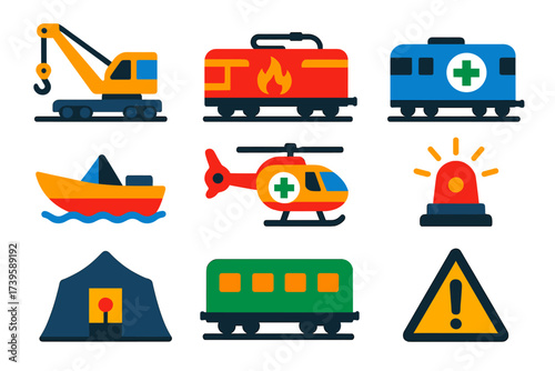 Emergency Response Icons. Flat vector icons of emergency response: derailment crane, firefighting train, medical coach, rescue
