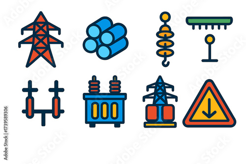 Bright Transmission Icons. Flat vector icons of transmission lines: high-voltage tower, conductor bundle, insulator string, ground