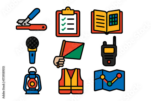 Conductor Tools Icons. Flat vector icons of conductor tools: ticket punch, clipboard, timetable book, microphone, hand signal flag