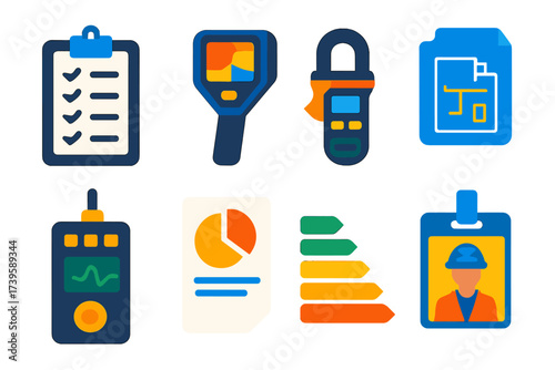 Energy Audit Icons. Flat vector icons of energy audit: clipboard checklist, thermal camera, power meter clamp, data logger, report