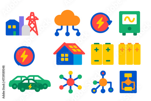 Virtual Plant Icons. Flat vector icons of virtual power plant: aggregated assets, cloud network, smart inverter, DR event icon,