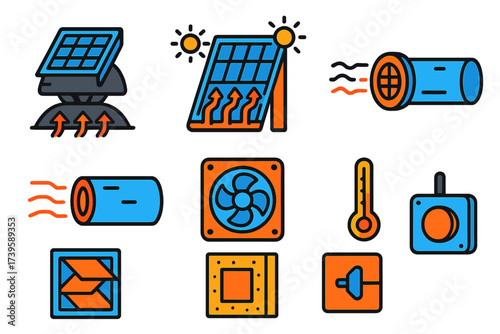 Solar Heating Icons. Flat vector icons of solar air heating: solar attic fan, air collector panel, duct inlet, duct outlet, blower