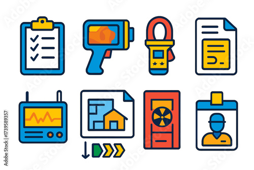 Energy Audit Icons. Flat vector icons of energy audit: clipboard checklist, thermal camera, power meter clamp, data logger, report