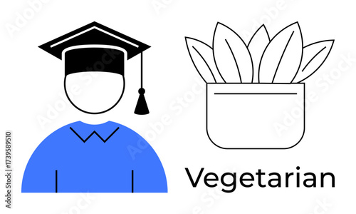 Graduate in academic cap next to a plant in a pot labeled vegetarian. Ideal for education, lifestyle, sustainability, plant-based diet, eco-conscious choices, academic focus, learning. Simple flat