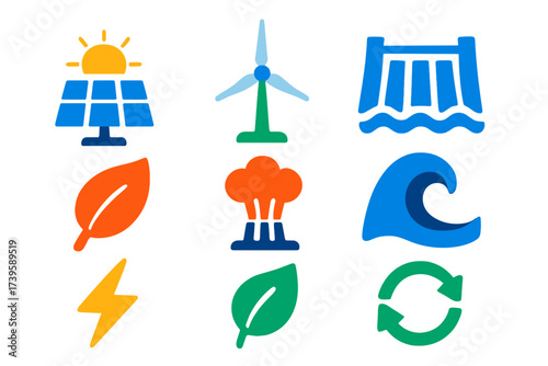 Renewable Resources Icons. Flat vector icons of renewable resources: solar panel, wind turbine, hydro dam, biomass leaf,