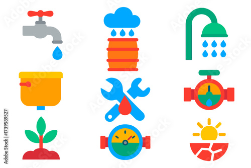 Water Conservation Icons. Flat vector icons of water conservation: faucet with droplet, rainwater barrel, low-flow showerhead,