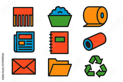 Colorful Paper Recycling Icons. Flat vector icons of paper recycling: shredded paper, paper pulp, roll of paper, newspaper,