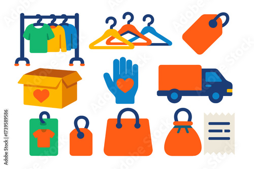 Textile Donation Icons. Flat vector icons of textile donation: clothing rack, hangers, donation box, price tag, volunteer hand,