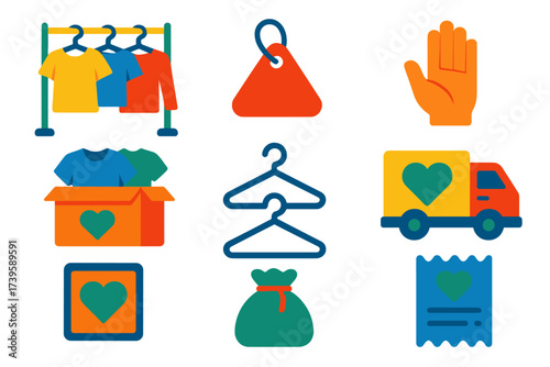 Textile Donation Icons. Flat vector icons of textile donation: clothing rack, hangers, donation box, price tag, volunteer hand,
