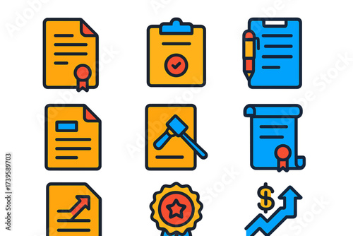 Civil Litigation Icons. Flat vector icons of civil litigation: complaint filing, summons envelope, deposition notes, motion paper,