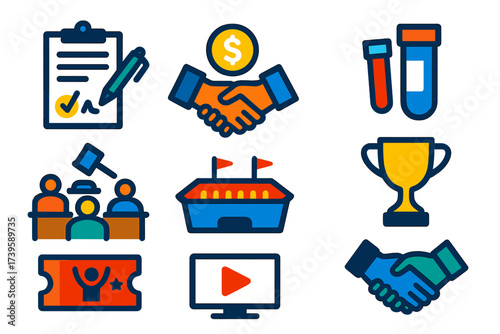 Sports Law Icons. Flat vector icons of sports law: contract signature, sponsorship deal, doping test, arbitration panel, stadium