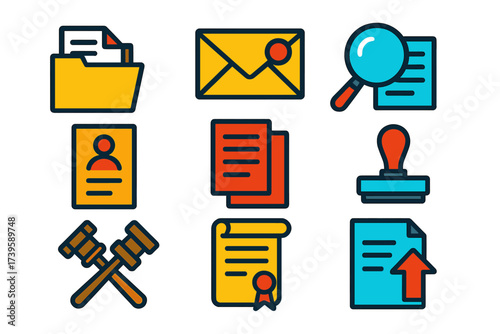 Civil Litigation Icons. Flat vector icons of civil litigation stages: complaint filing folder, summons envelope, discovery