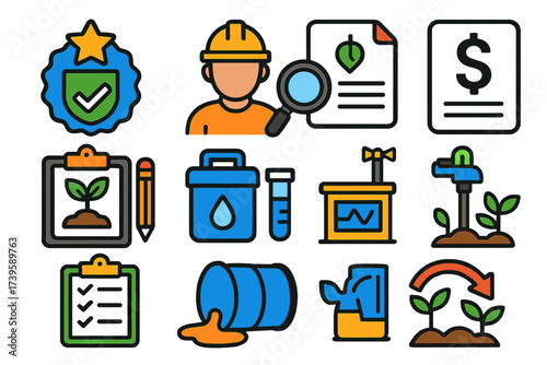 Environmental Compliance Icons. Flat vector icons of environmental compliance: permit badge, inspection OTA, fine notice,