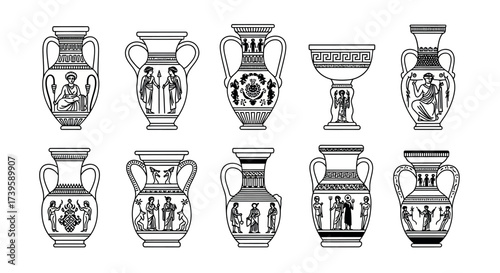Collection of ancient greek pottery vases and amphorae with mythological scenes and geometric patterns vector