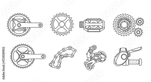 Detailed bicycle components set mechanical engineering design elements for cycling enthusiasts vector
