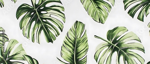 Tropical Monstera Leaves Pattern Seamless White Background