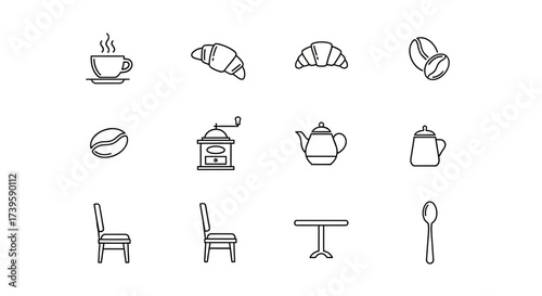 Hand-drawn coffee shop icon set featuring coffee beans croissants chairs kettle and more for cafe design vector
