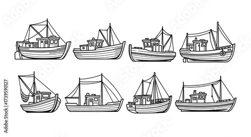 Collection of eight detailed hand-drawn sketched fishing boats and sailing vessels in various styles vector