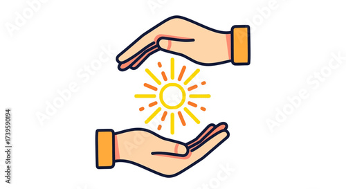 Hands safeguarding a luminous radiant sun, embodying solar energy and environmental protection in
