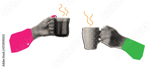 Woman's hand holding hot tea cup in halftone effect