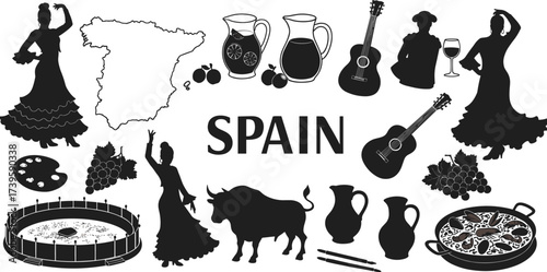 Spain culture symbols, flamenco dancer silhouette, Spanish guitar, bullfighting, paella, sangria, grapes, oranges, castanets, traditional heritage, travel tourism illustration