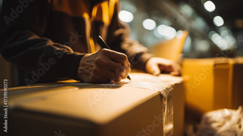 Delivery worker sealing cardboard package with tape inside warehouse